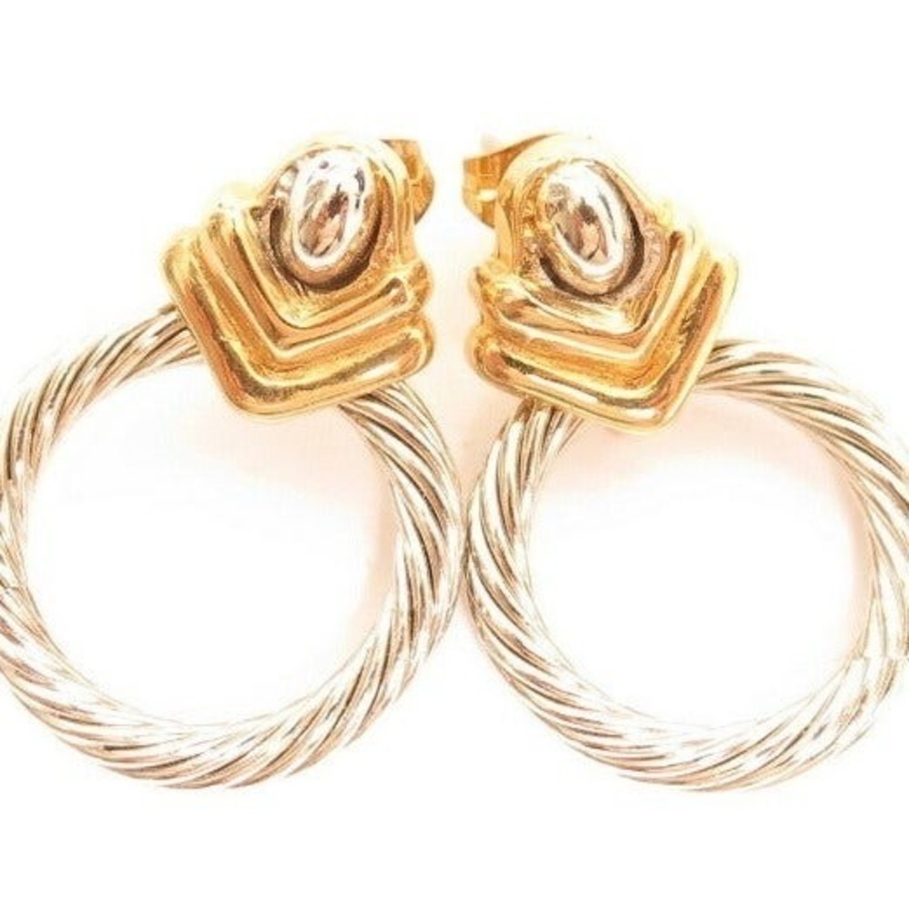 Silver‎ & Gold Tone Hoop Earrings Twisted Rope Design Pierced
